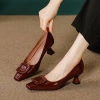 High-heeled women's slim heels 2023 new red wedding shoes, patent leather gentle shoes, square buckle French niche square toe single shoes details Picture